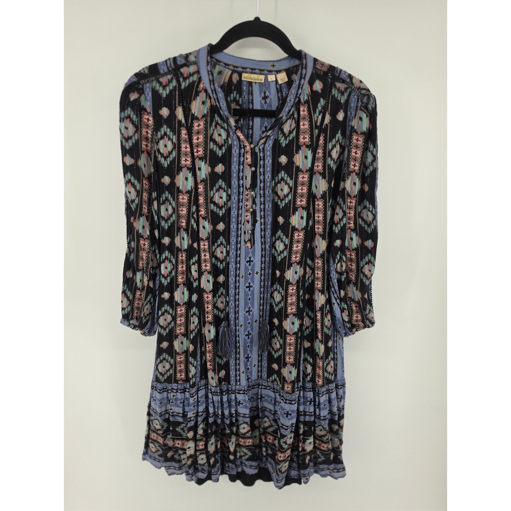 Holding Horses Anthropologie Ikat Geometric Tassel Tunic Dress Blue Black Large